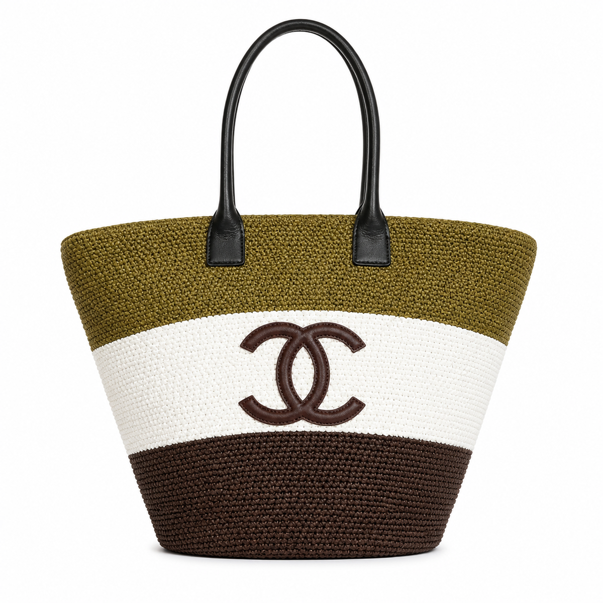 Chanel Striped Raffia Beach Tote Olive White Dark Brown CC