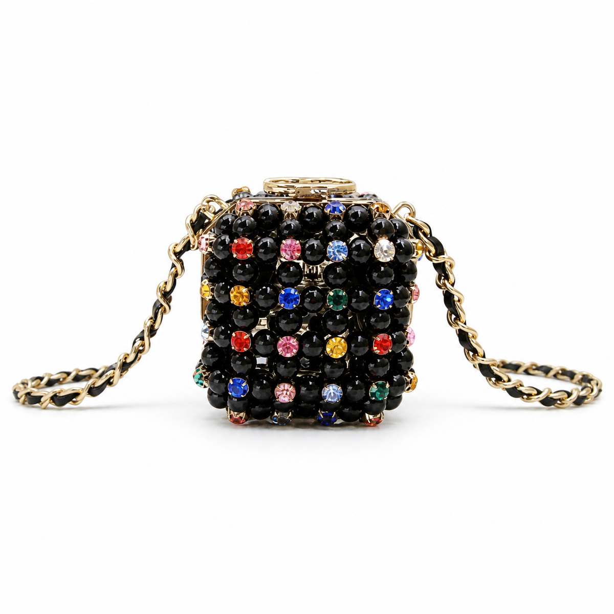 Chanel Black Pearl Multicolor Crystal Minaudière Gold CC Evening Bag