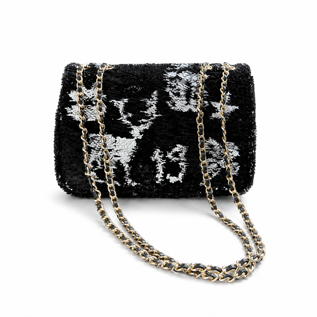 Chanel Classic Flap Black Silver Sequin CC Turn-Lock Bag