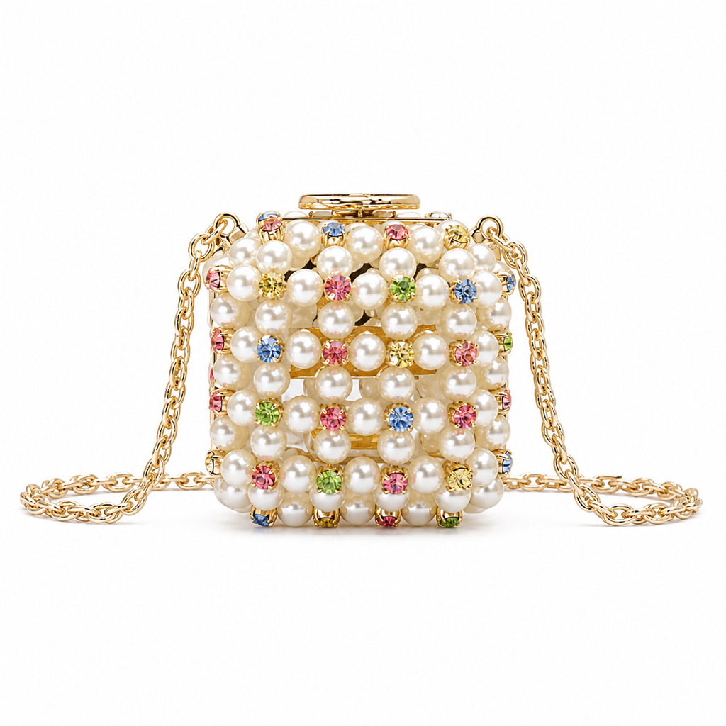 Chanel Pearl Multicolor Crystal Minaudière Gold CC Evening Bag