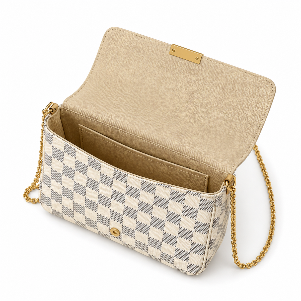 Louis Vuitton Favorite MM — Damier Azur Canvas, Magnetic Flap, Cream Interior & Gold Chain