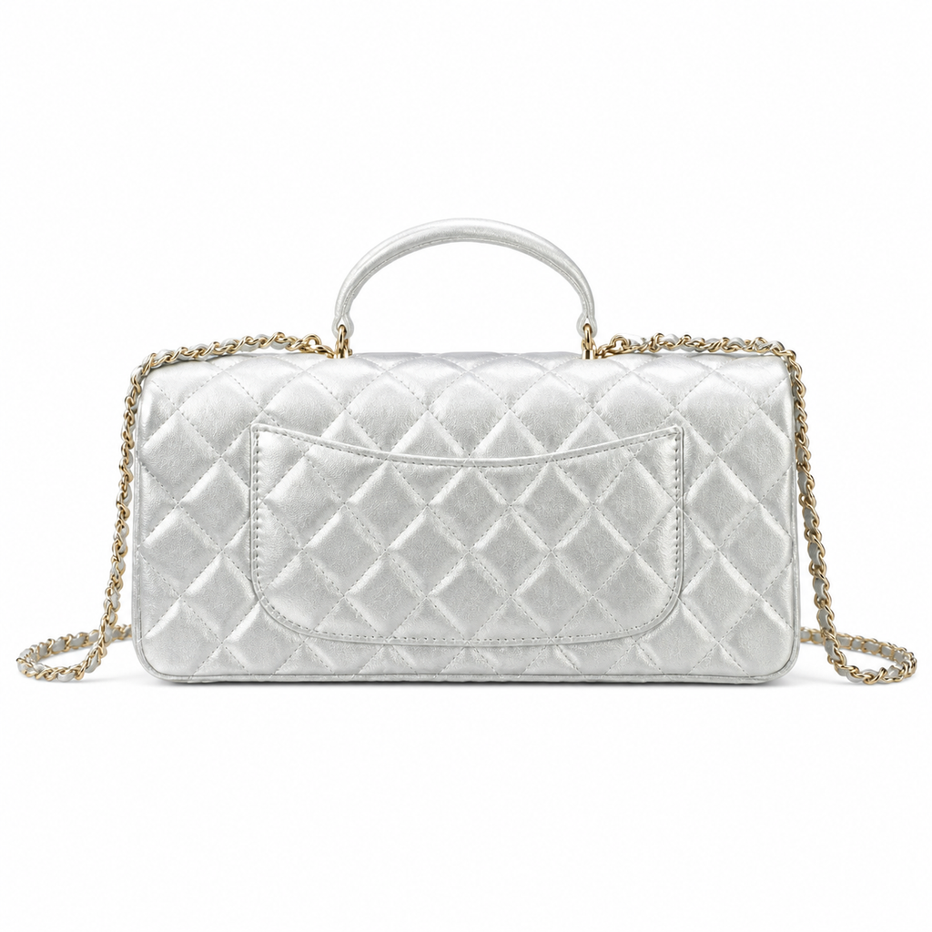Chanel Classic Flap Top Handle Silver Quilted Gold Hardware