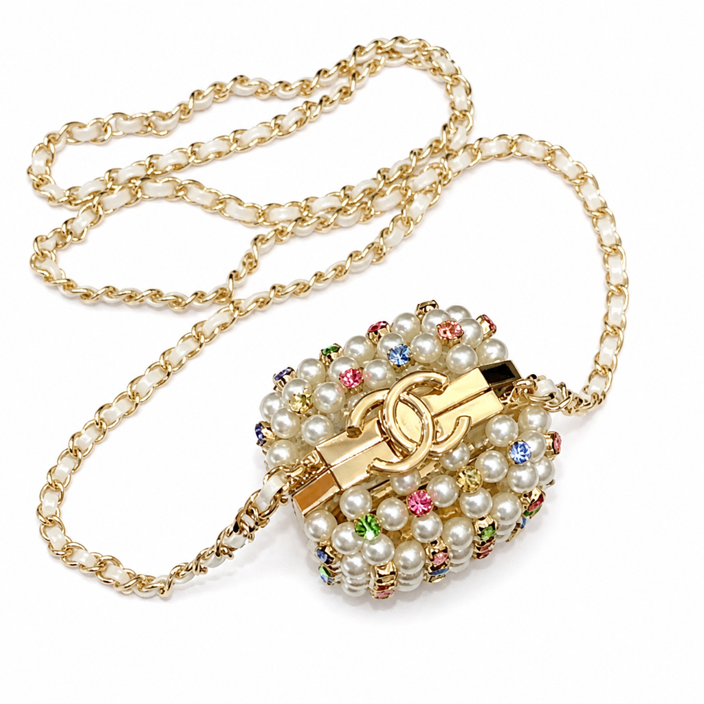 Chanel Pearl Multicolor Crystal Minaudière Gold CC Evening Bag
