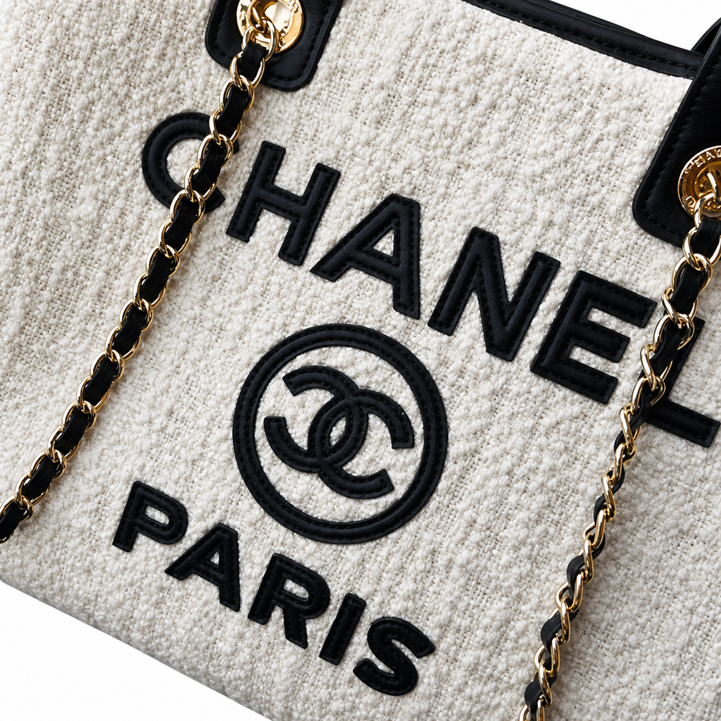 Chanel Deauville Medium Tweed Tote Ivory Black Gold Hardware