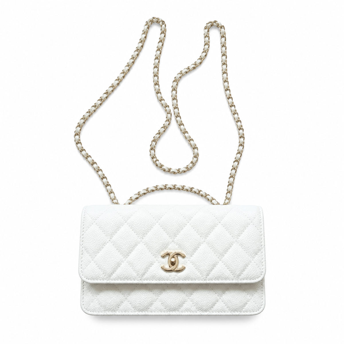 Chanel Wallet on Chain WOC White Caviar | Light Gold CC Clasp & Silver Chain — 19cm