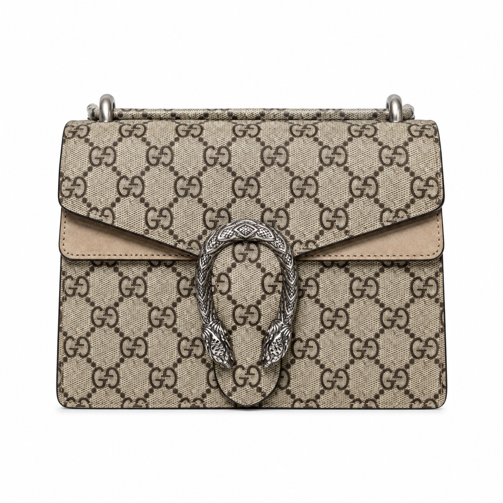 Gucci Dionysus Small Bag in GG Supreme Canvas with Taupe Leather Trim