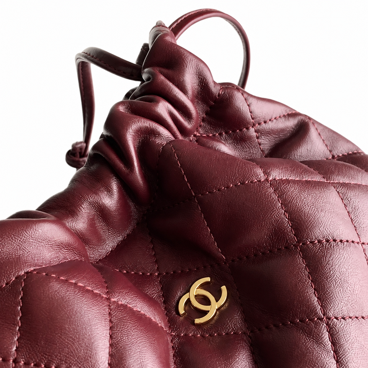 Chanel Quilted Calfskin Drawstring Bucket Bag Burgundy Gold Hardware