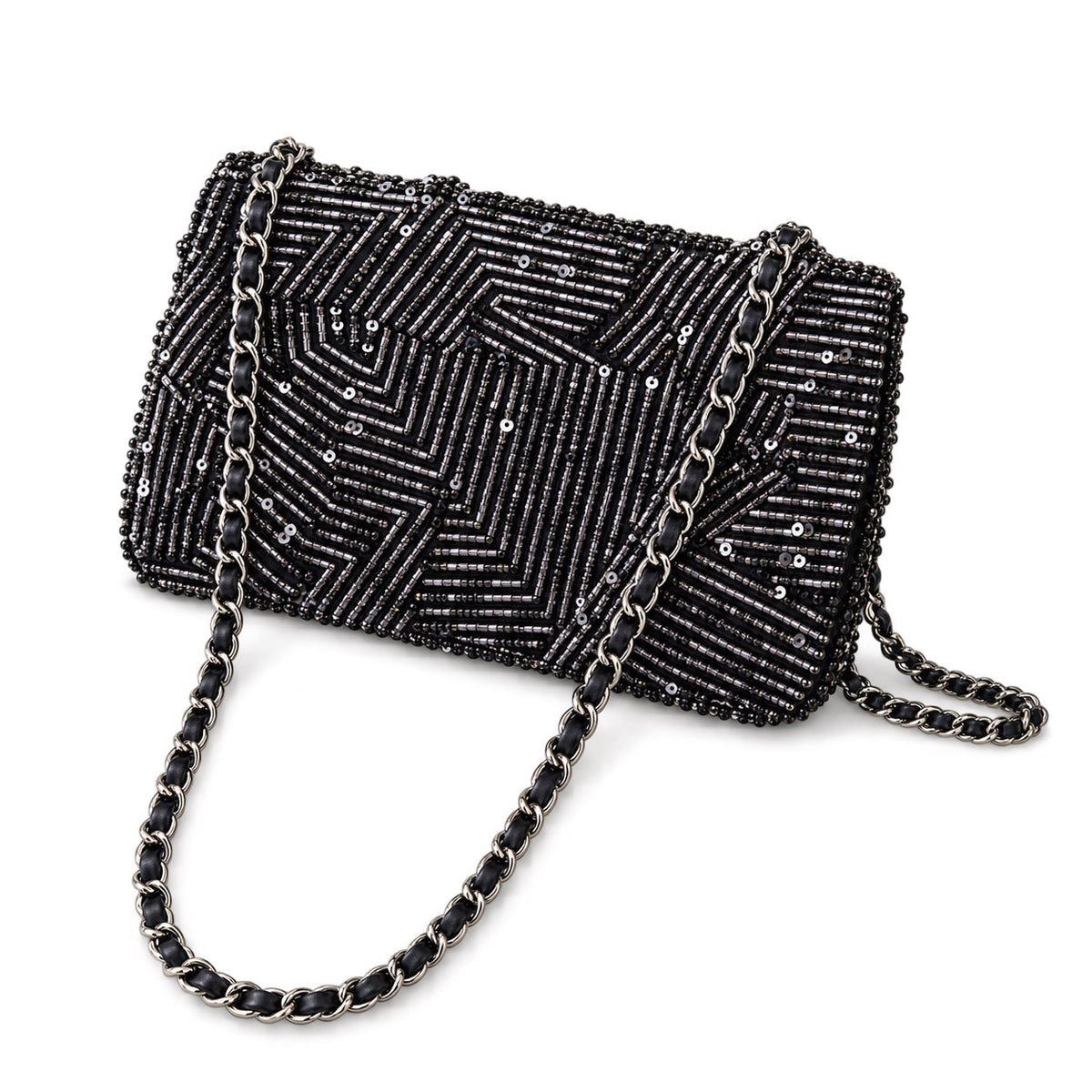 Chanel Small Flap Bag Black Micro-Bead & Sequin Hand-Embroidered Chevron | Ruthenium Chain — 20cm