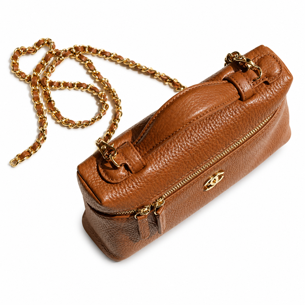 Chanel Tan Caviar Vanity Case Gold CC Top Handle Chain