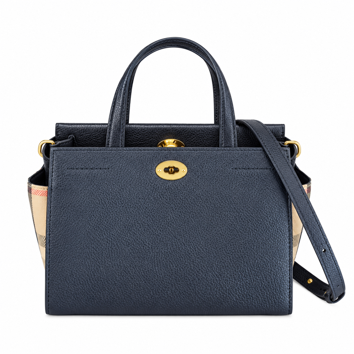 Burberry Navy Check-Panel Top Handle Bag