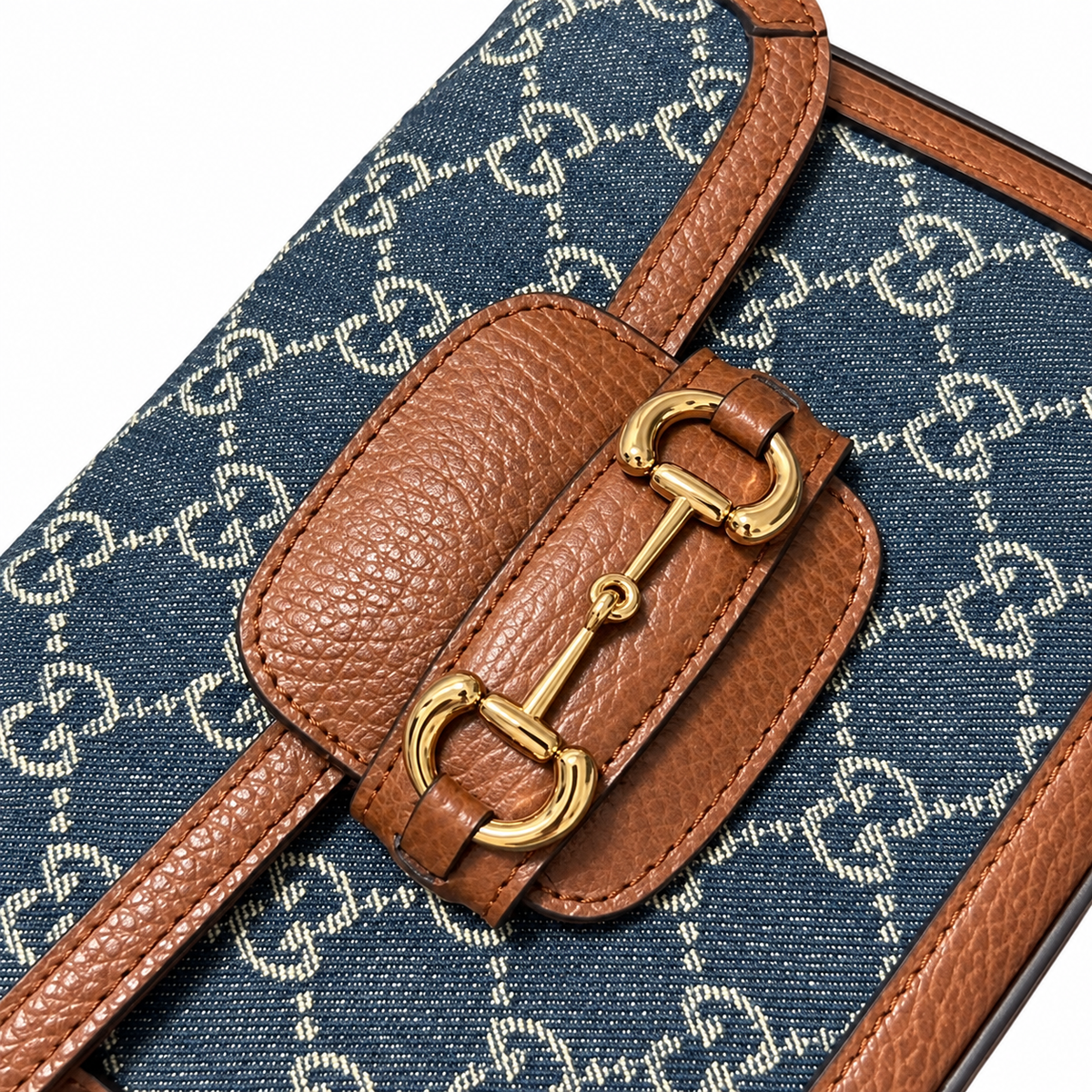 Gucci Horsebit 1955 Mini Bag in Blue GG Denim Canvas with Brown Leather Trim