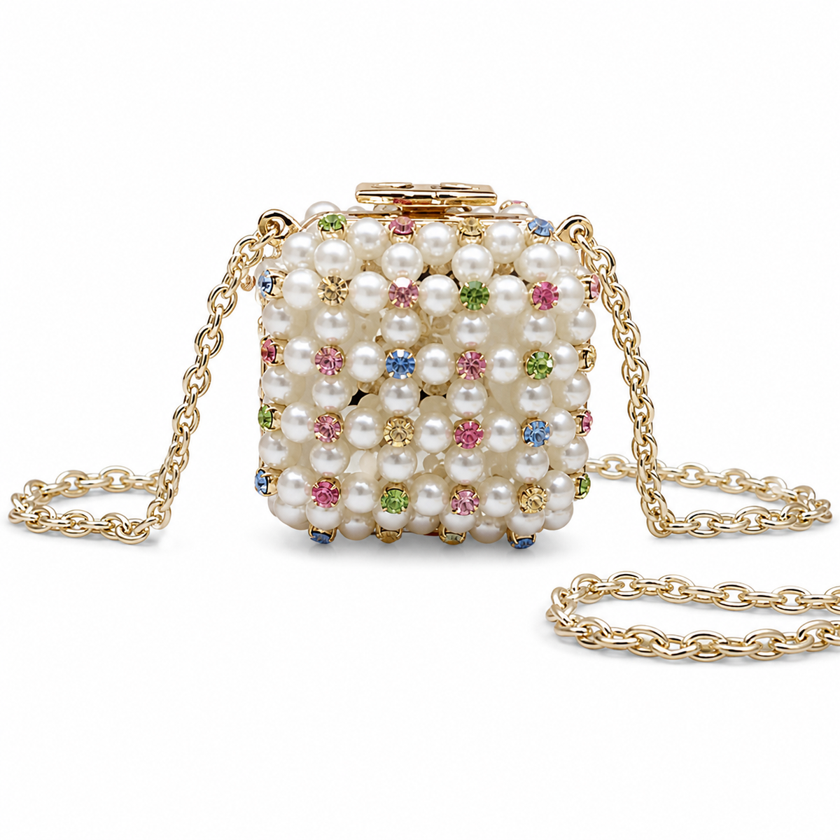 Chanel Pearl Multicolor Crystal Minaudière Gold CC Evening Bag