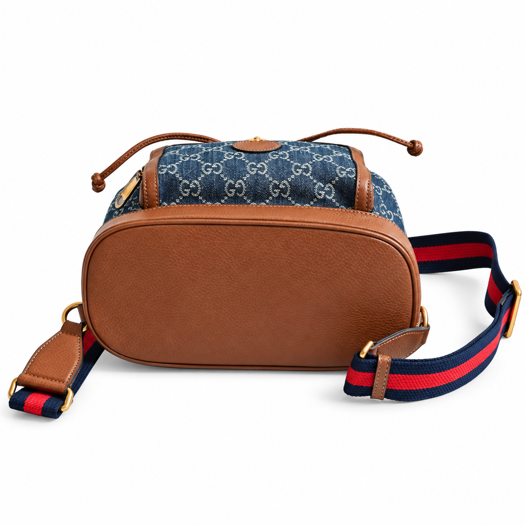 Gucci GG Denim Canvas Small Backpack with Brown Leather Trim