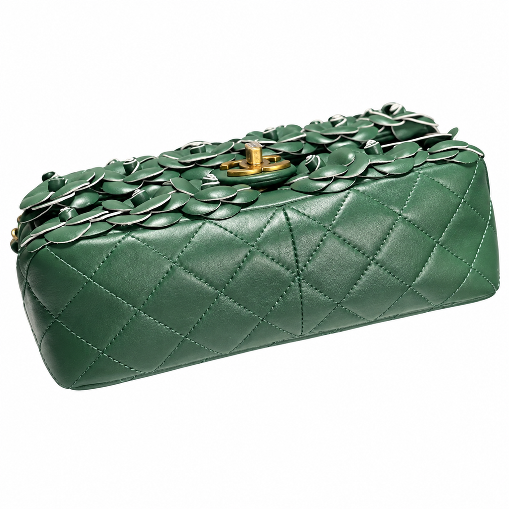 Chanel Camellia Flap Bag Green Lambskin Antique Gold 25cm