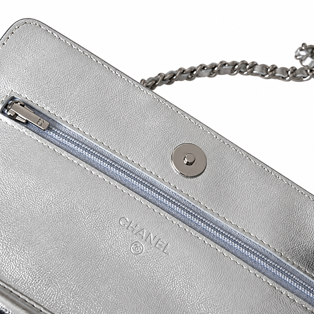 Chanel Classic WOC Silver Metallic Quilted Chain Bag