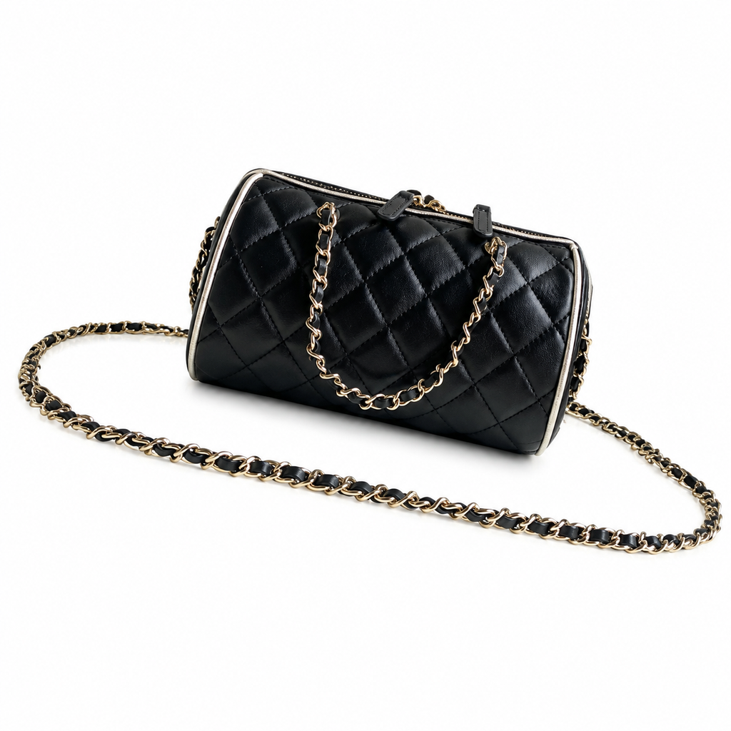 Chanel Quilted Barrel Bag | CC Logo Gold Chain Black White — 11.5x18.5cm