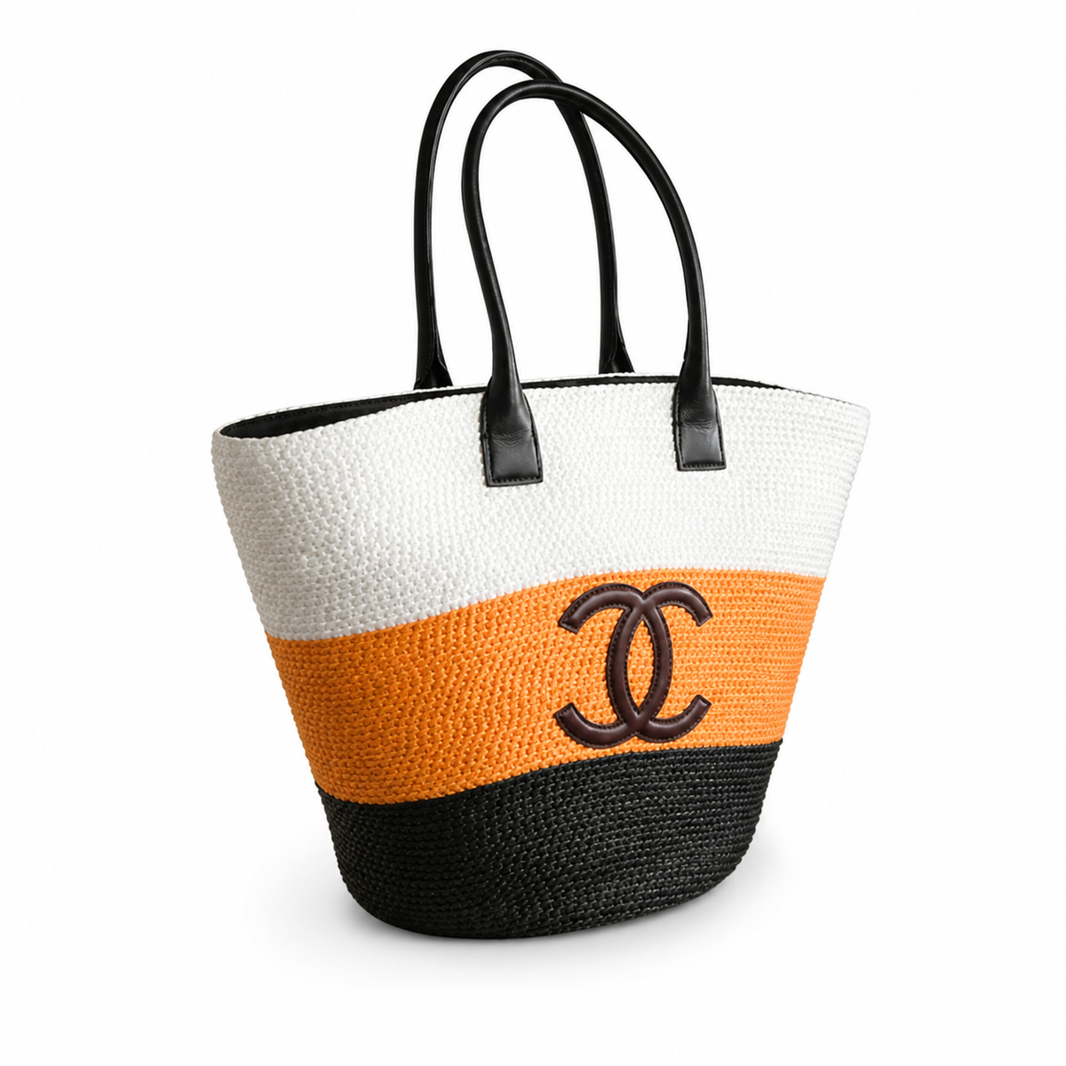 Chanel Striped Raffia Beach Tote White Orange Black CC