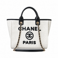 Chanel Deauville Medium Tweed Tote Ivory Black Gold Hardware