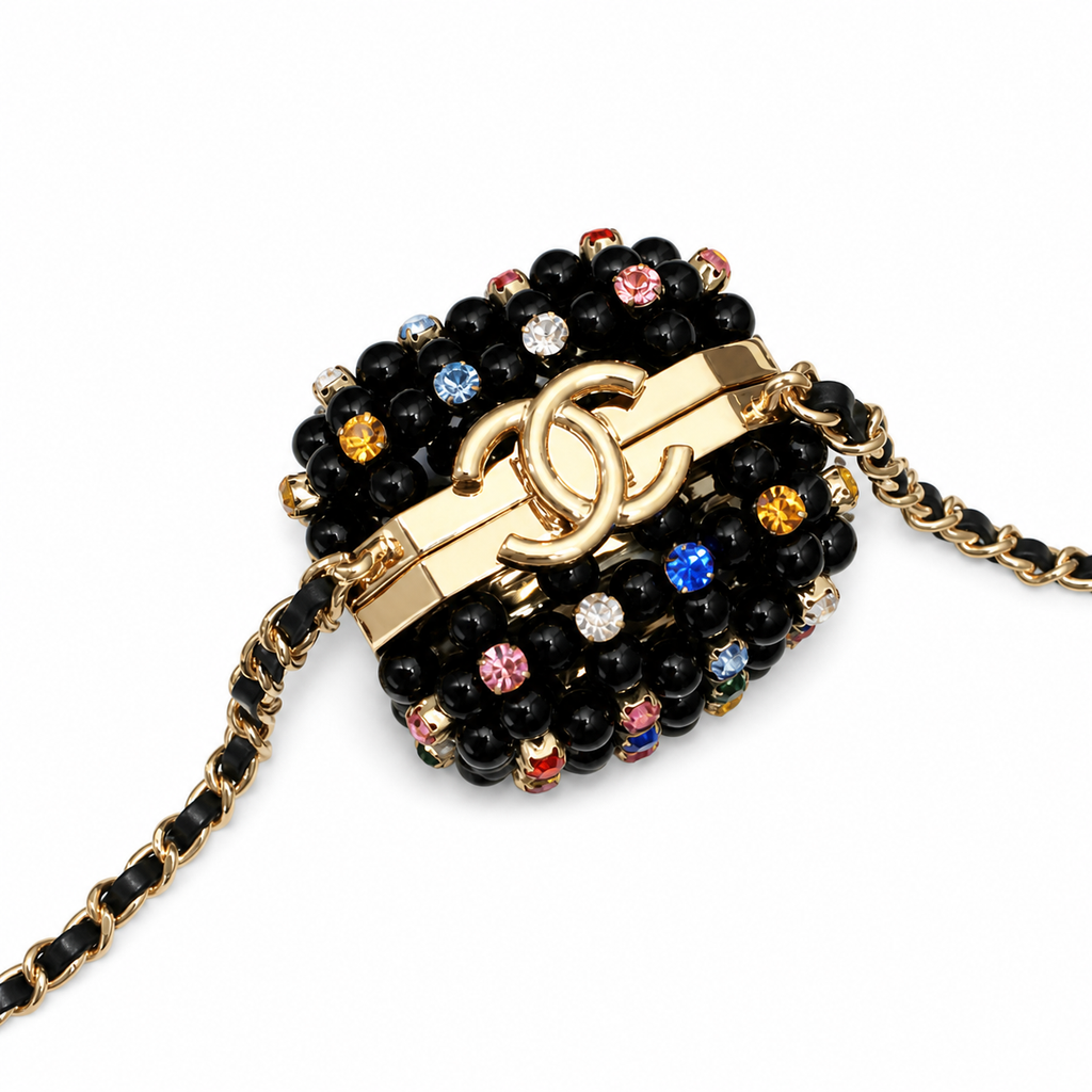 Chanel Black Pearl Multicolor Crystal Minaudière Gold CC Evening Bag