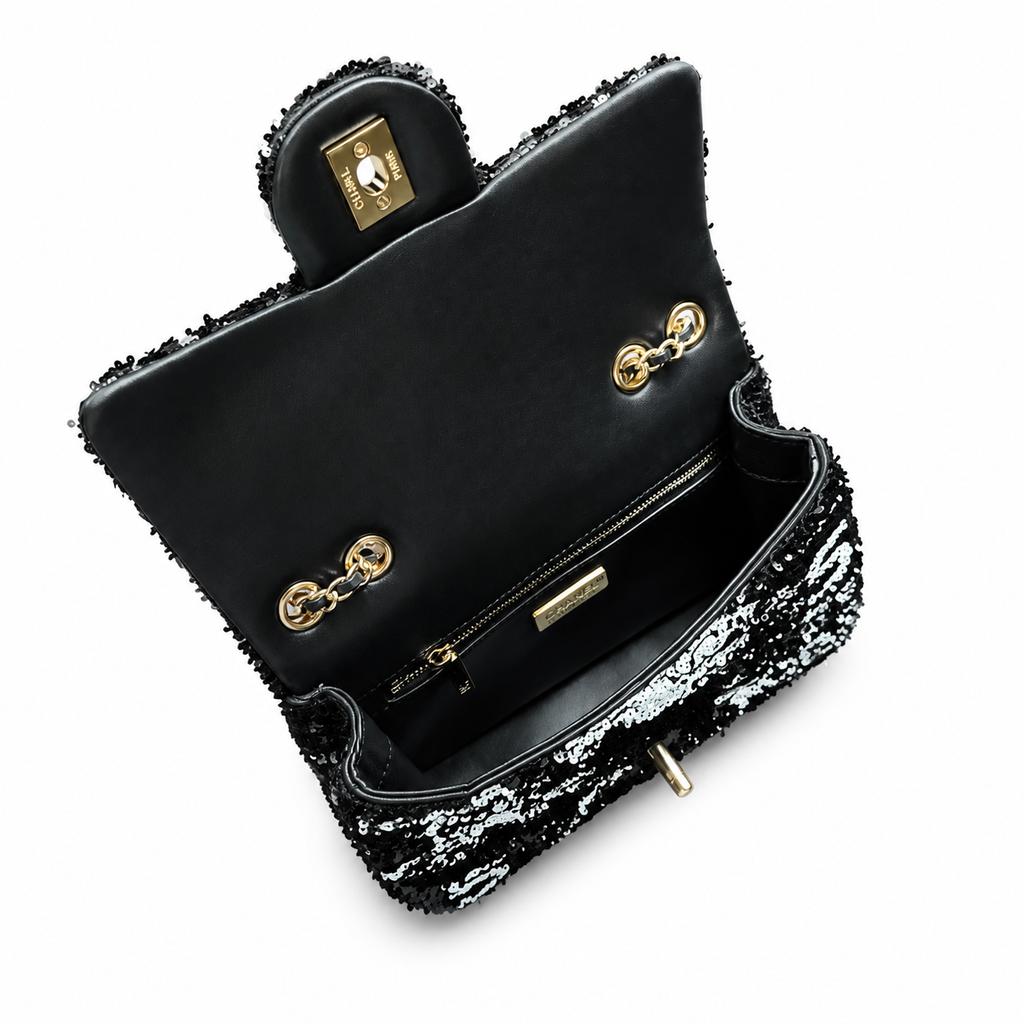Chanel Classic Flap Black Silver Sequin CC Turn-Lock Bag