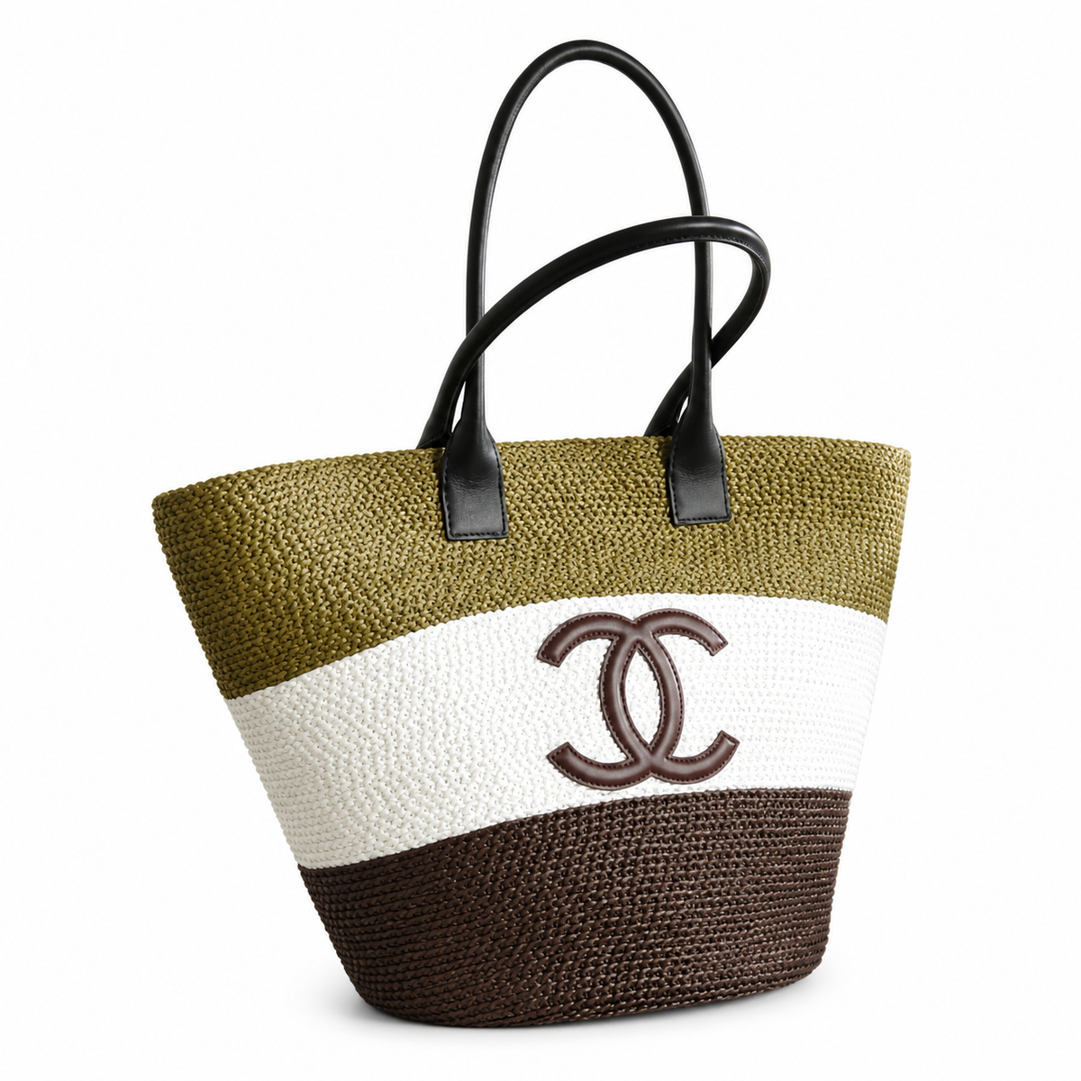 Chanel Striped Raffia Beach Tote Olive White Dark Brown CC