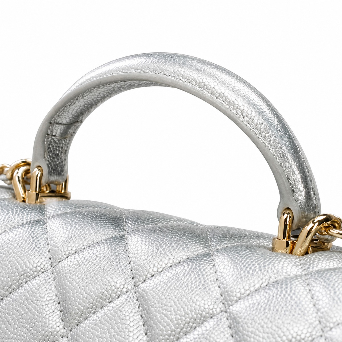 Chanel Classic Flap Top Handle Silver Quilted Gold Hardware