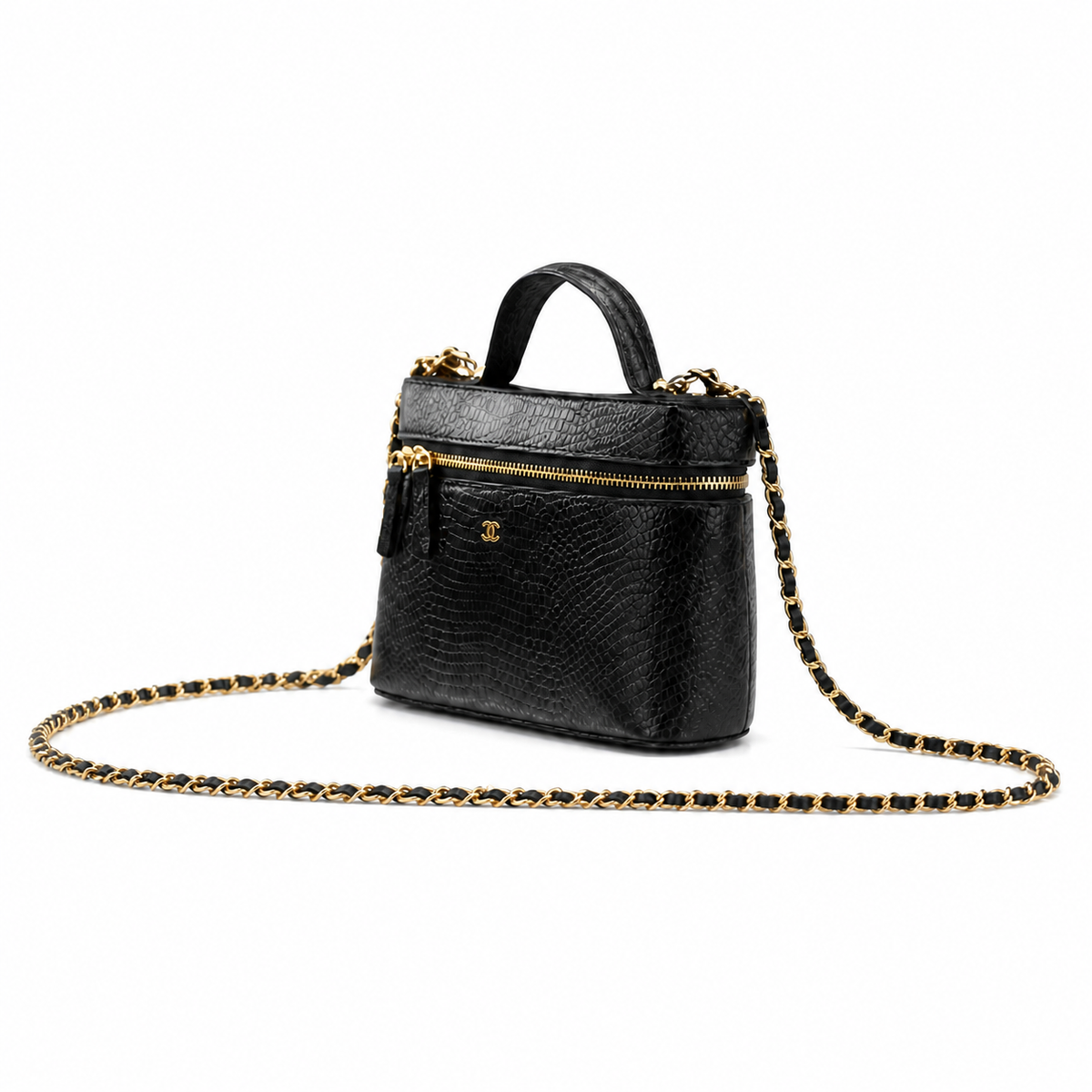 Chanel Vanity Case Black Lizard-Embossed Gold Hardware 18cm