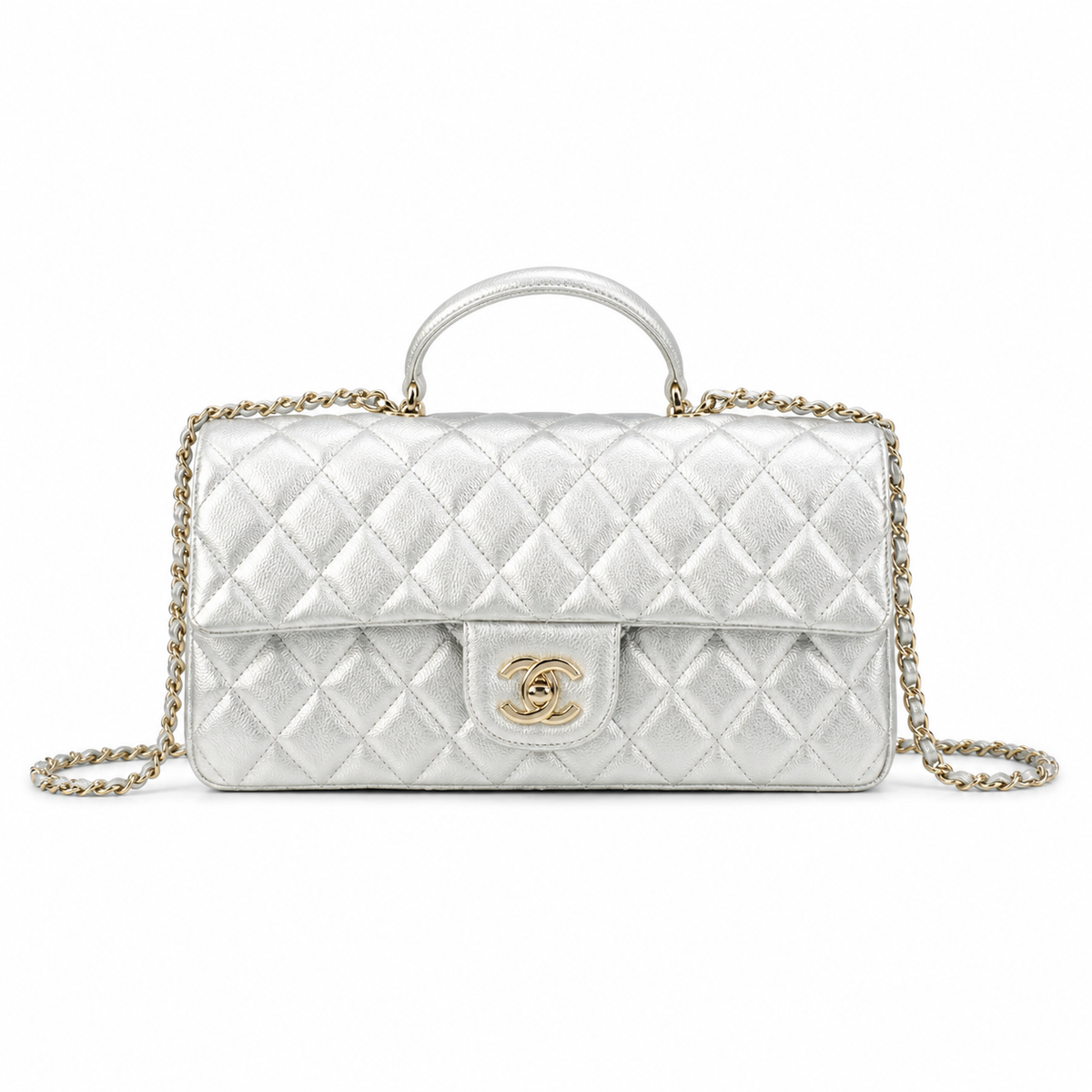 Chanel Classic Flap Top Handle Silver Quilted Gold Hardware