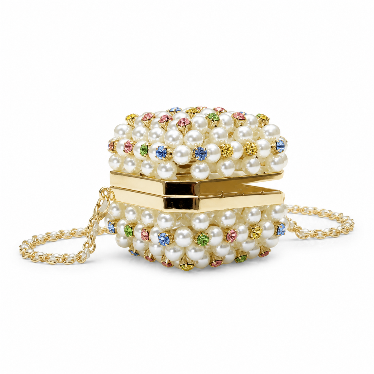 Chanel Pearl Multicolor Crystal Minaudière Gold CC Evening Bag
