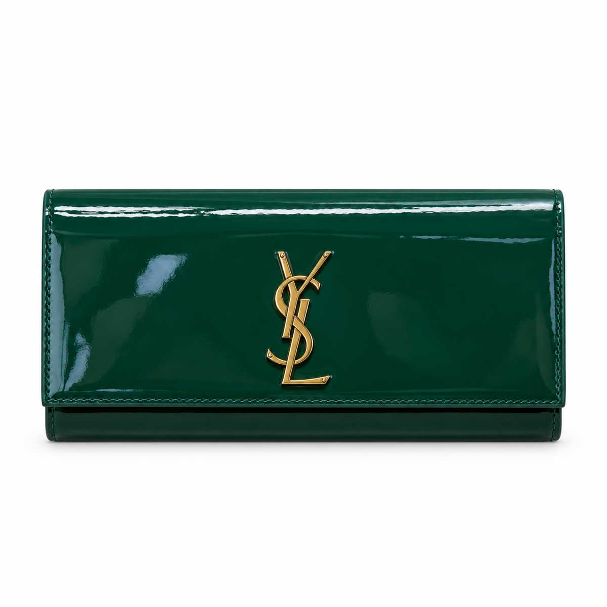Saint Laurent Cassandre flat clutch in emerald green patent leather with oversized gold YSL monogram on flap