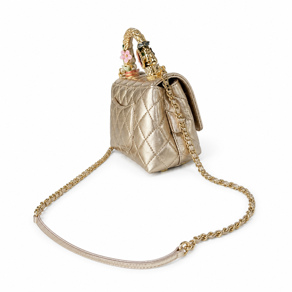 Chanel Gold Metallic Quilted Mini Flap Camellia Turn-Lock Charm Handle