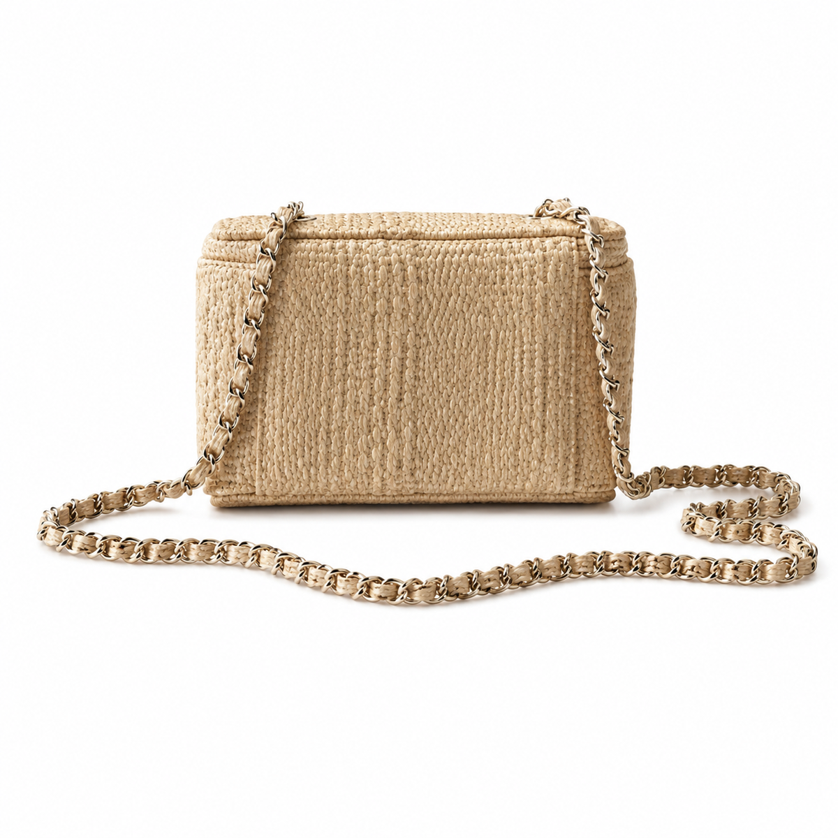 Chanel Natural Raffia Woven Vanity Case | Built-In Mirror, Gold CC Logo & Chain Strap