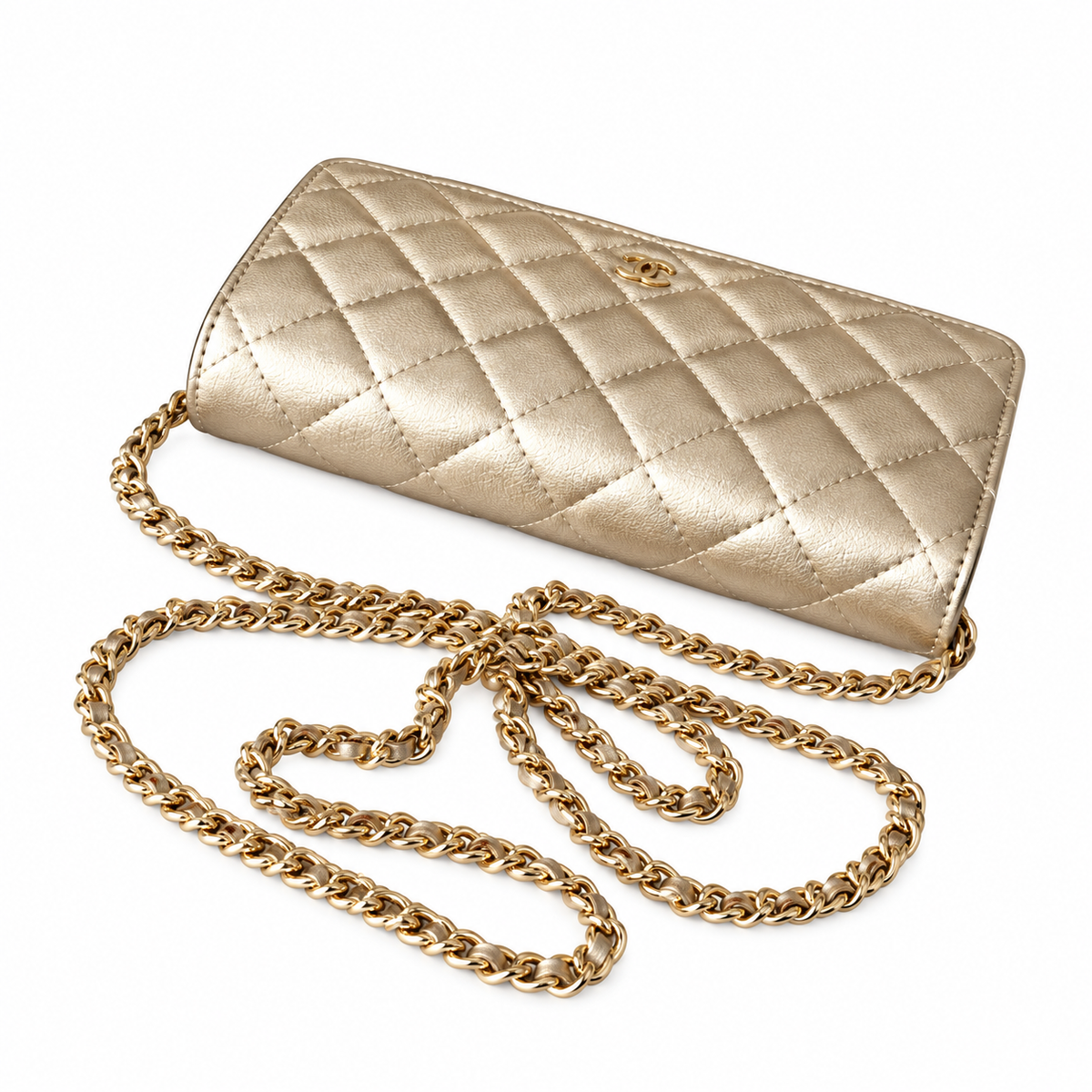 Chanel WOC Champagne Gold Quilted Lambskin Wallet on Chain