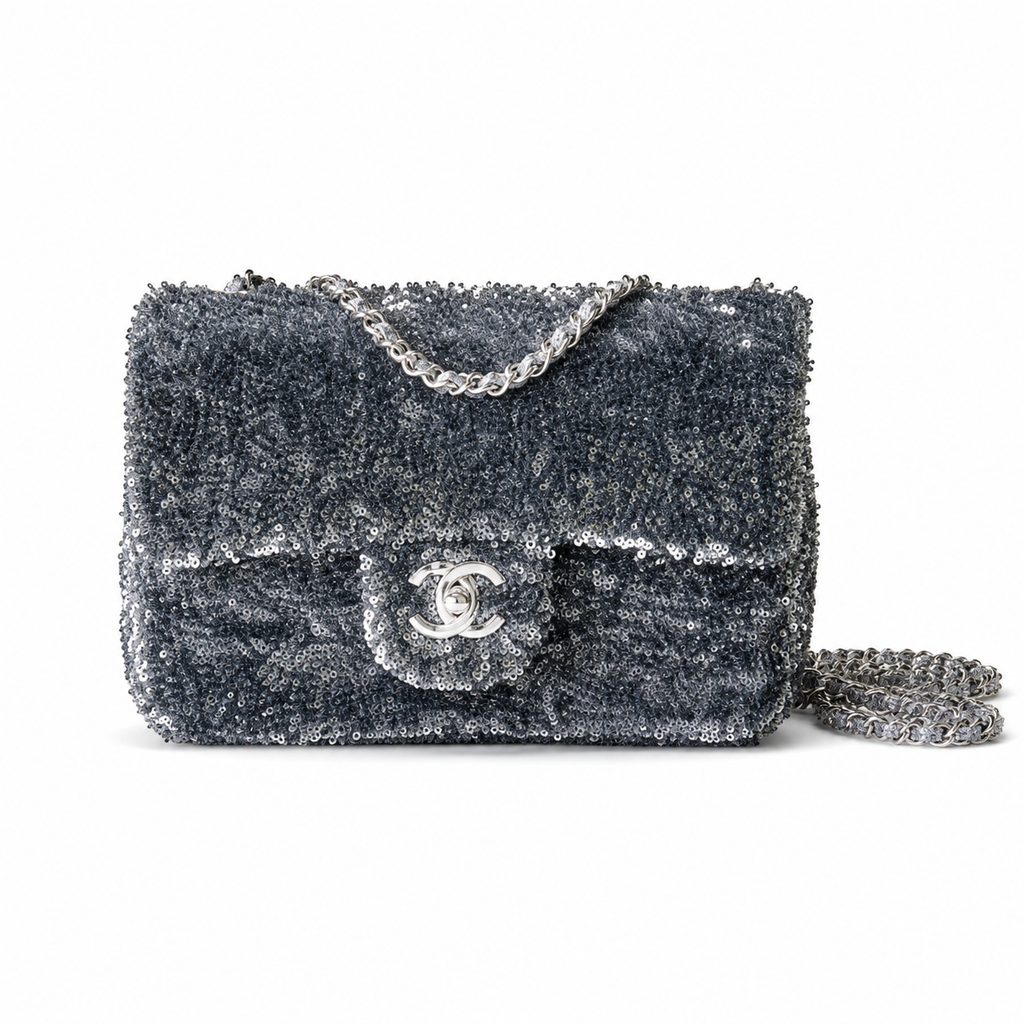 Chanel Charcoal Sequin Flap Bag | Crystal Tennis Chain Strap & Silver Snap Closure