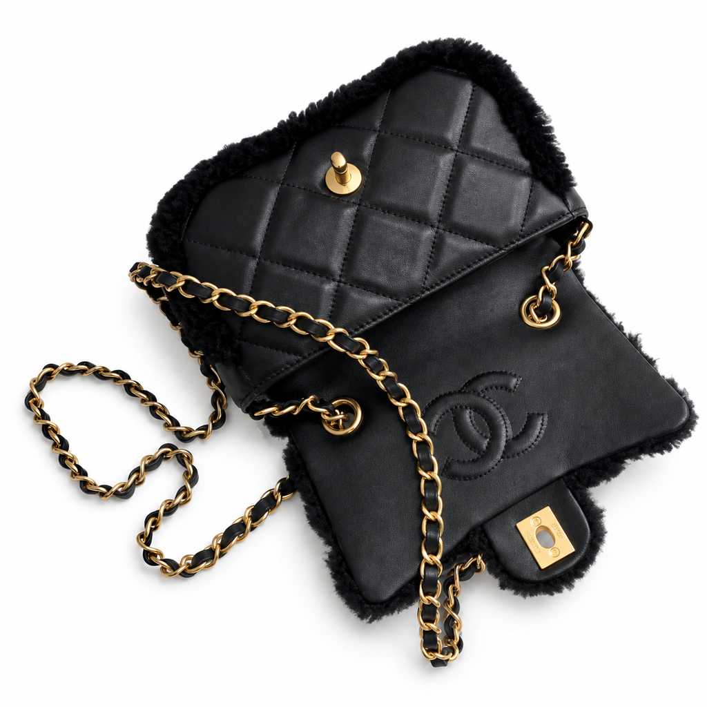 Chanel Shearling Quilted Flap Bag | Gold Leather Chain Black — 12x18cm