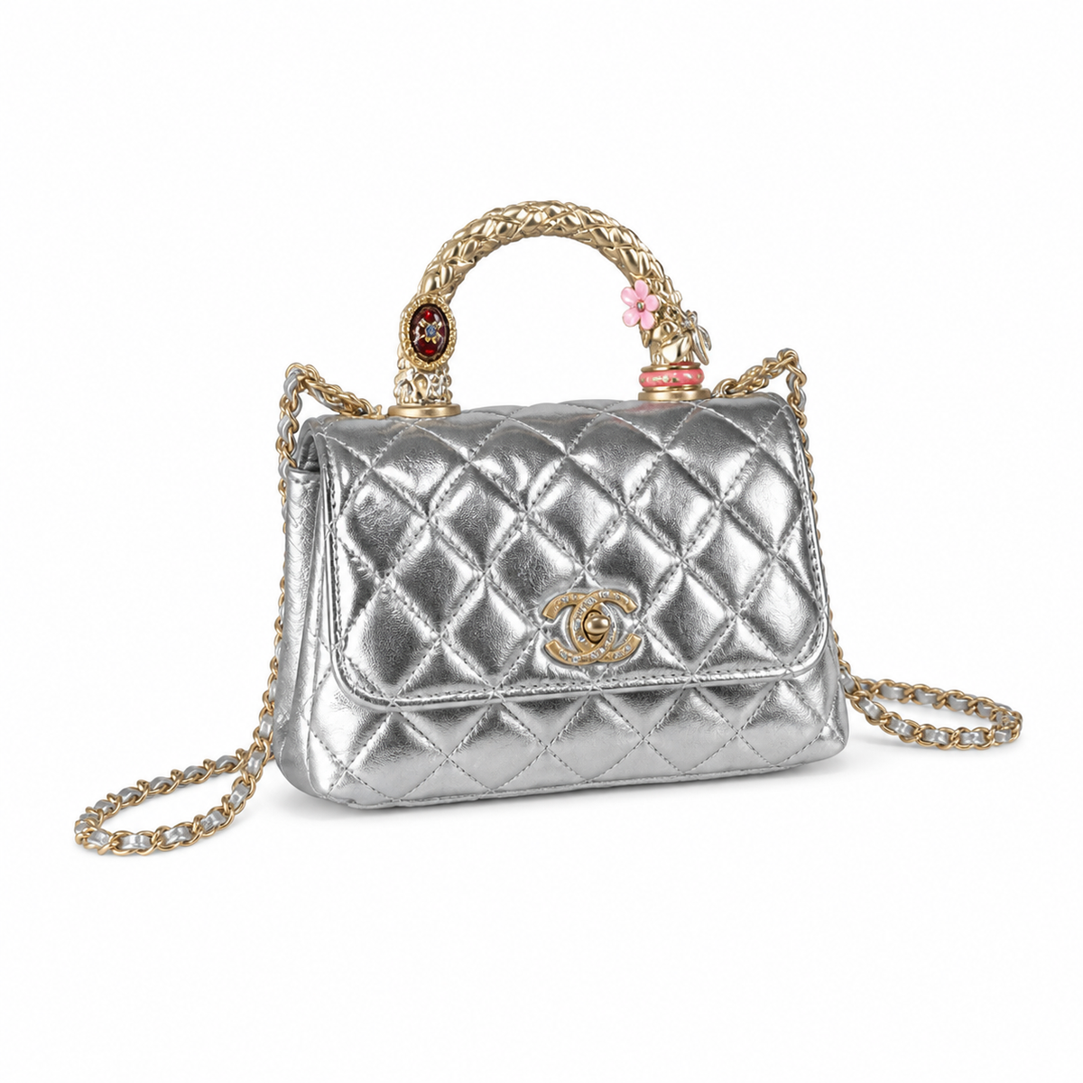 Chanel Silver Metallic Quilted Mini Flap Charm Top Handle Gold Chain