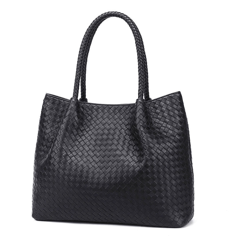 Black Intrecciato Woven Leather Large Tote with Braided Handles