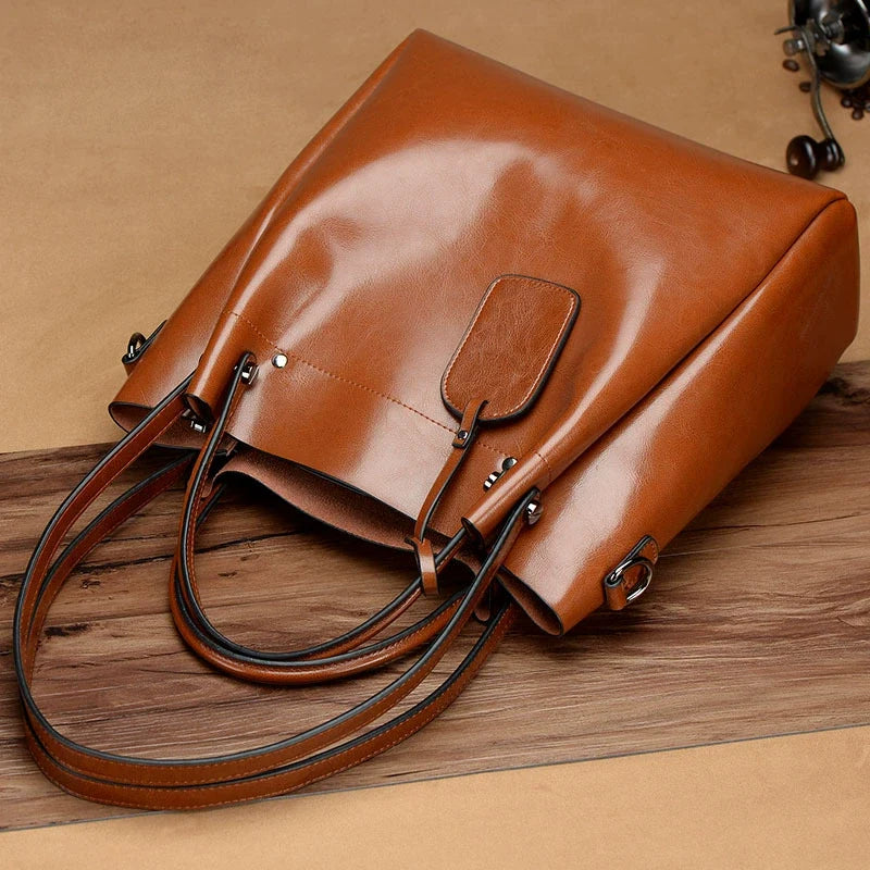 Cognac Oil Wax Leather Large Tote Bag with Crossbody Strap