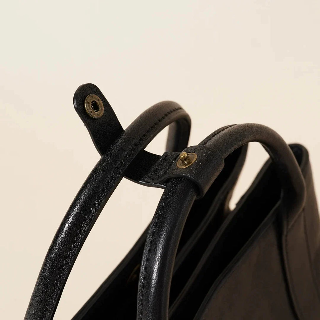 Black Waxed Leather Mini Structured Tote with Crossbody Strap