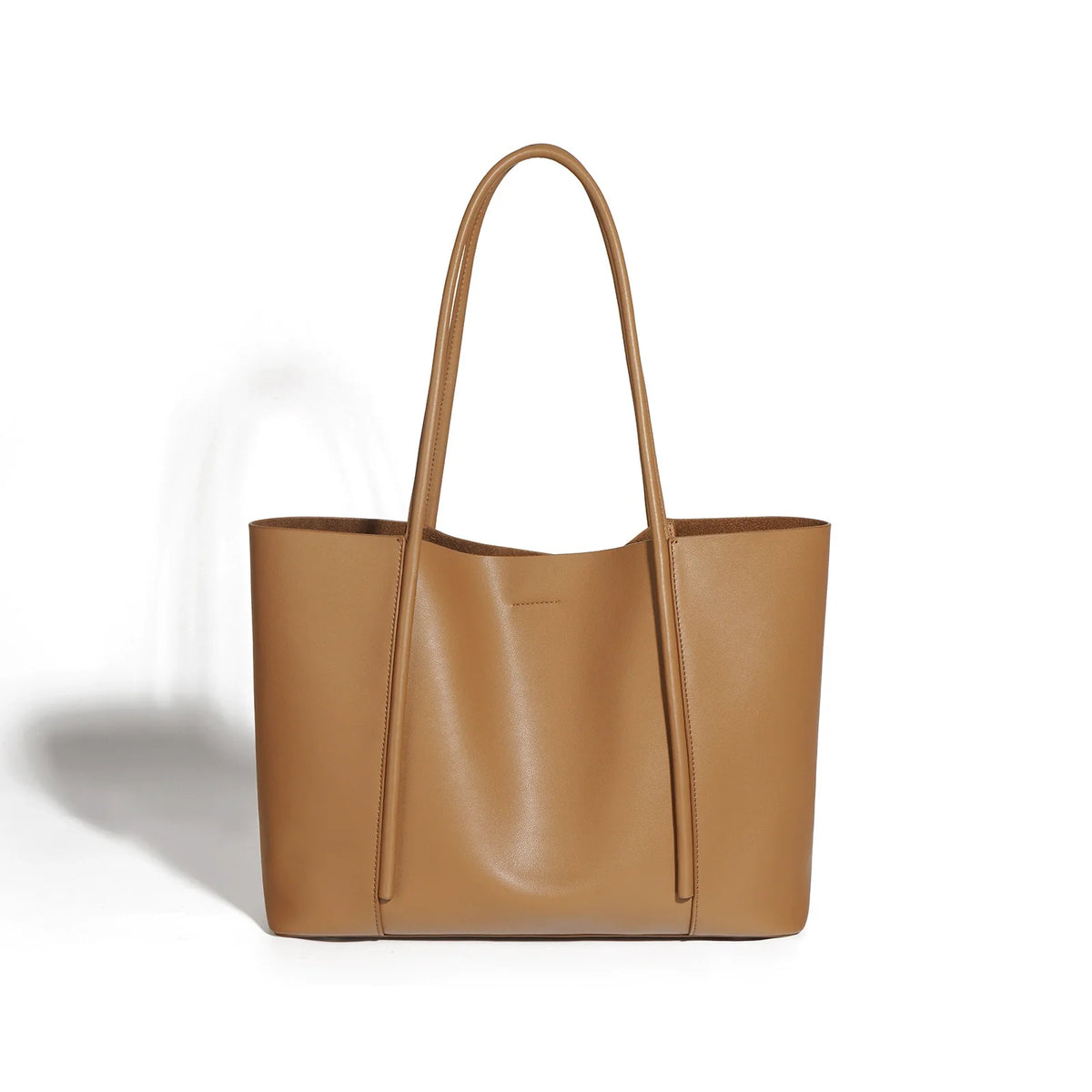 Camel Smooth Leather Large Tote with Slim Rolled Handles and No Hardware