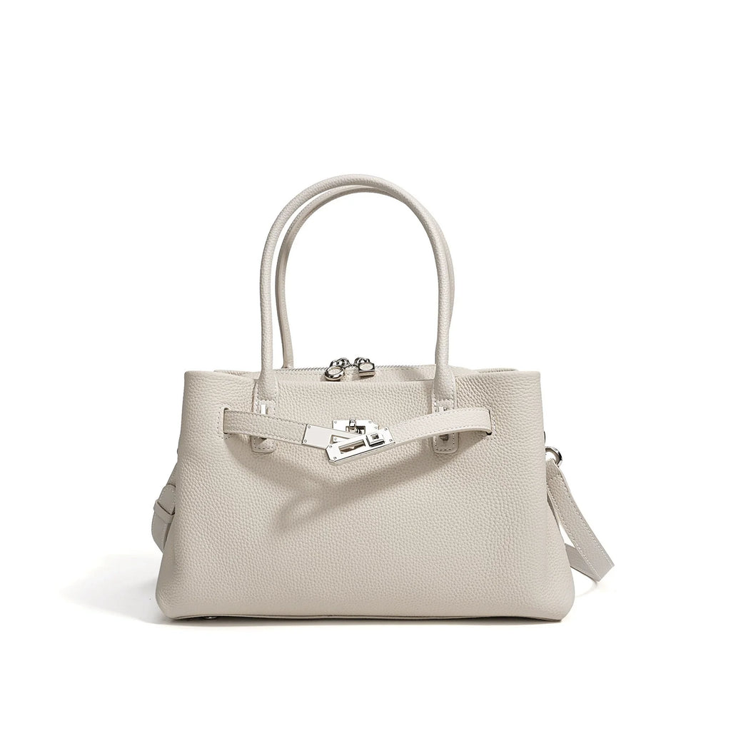 Cream Pebbled Leather Structured Top Handle Bag with Belt Lock
