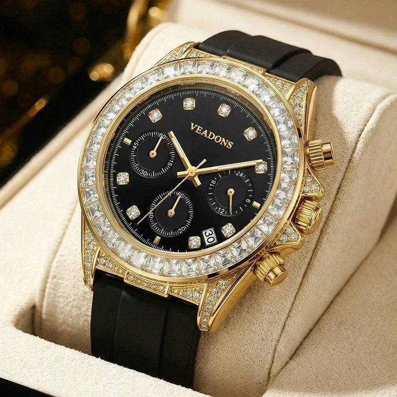 Veadons Chronograph — Gold-Tone, Full Crystal Bezel, Black Dial & Black Rubber Strap, Men