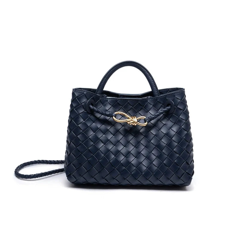 Woven Leather Mini Top Handle Bag with Gold Infinity Knot Clasp