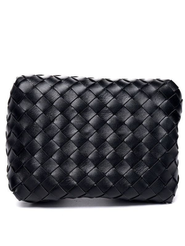Black Woven Leather Mini Tote with Braided Rope Handles and Gold Hook