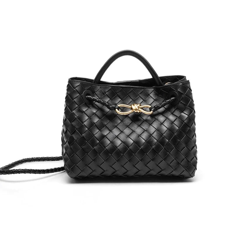 Woven Leather Mini Top Handle Bag with Gold Infinity Knot Clasp
