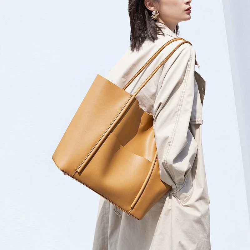 Camel Smooth Leather Large Tote with Slim Rolled Handles and No Hardware