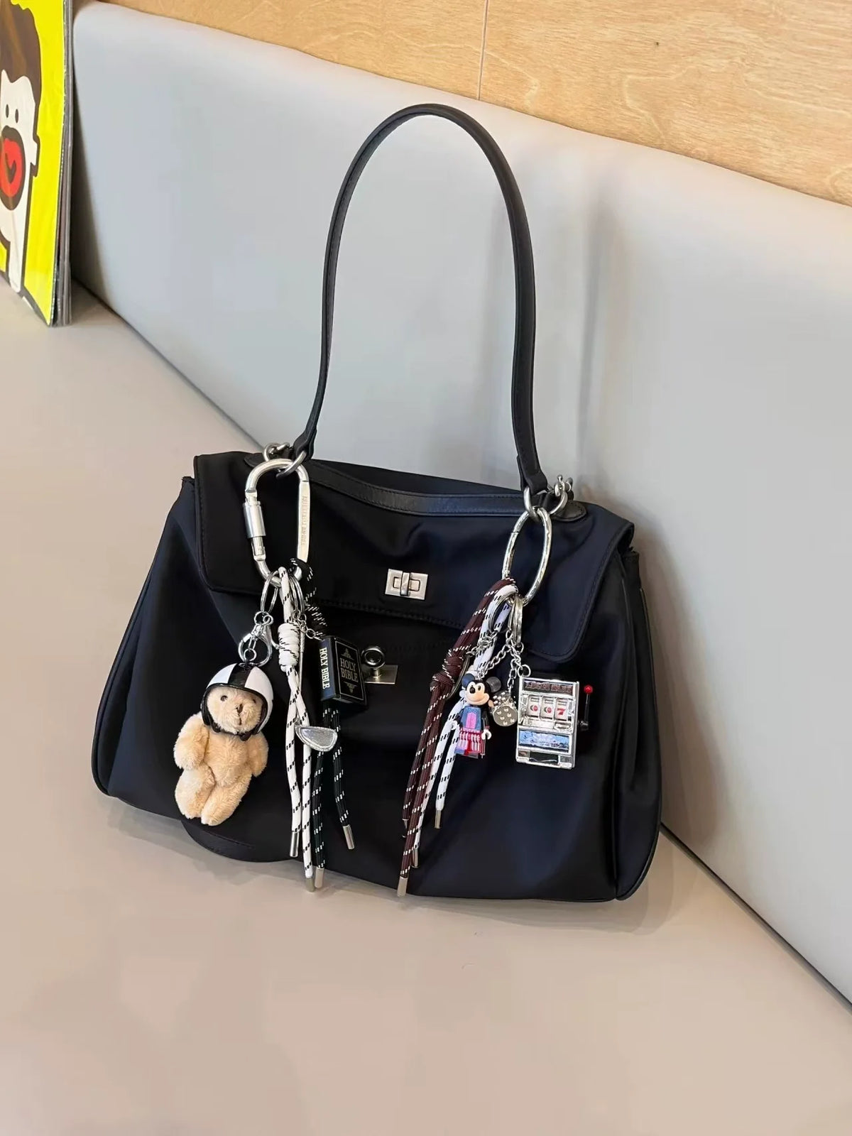 Black Nylon Large Top Handle Tote with Silver Turn-Lock Clasp