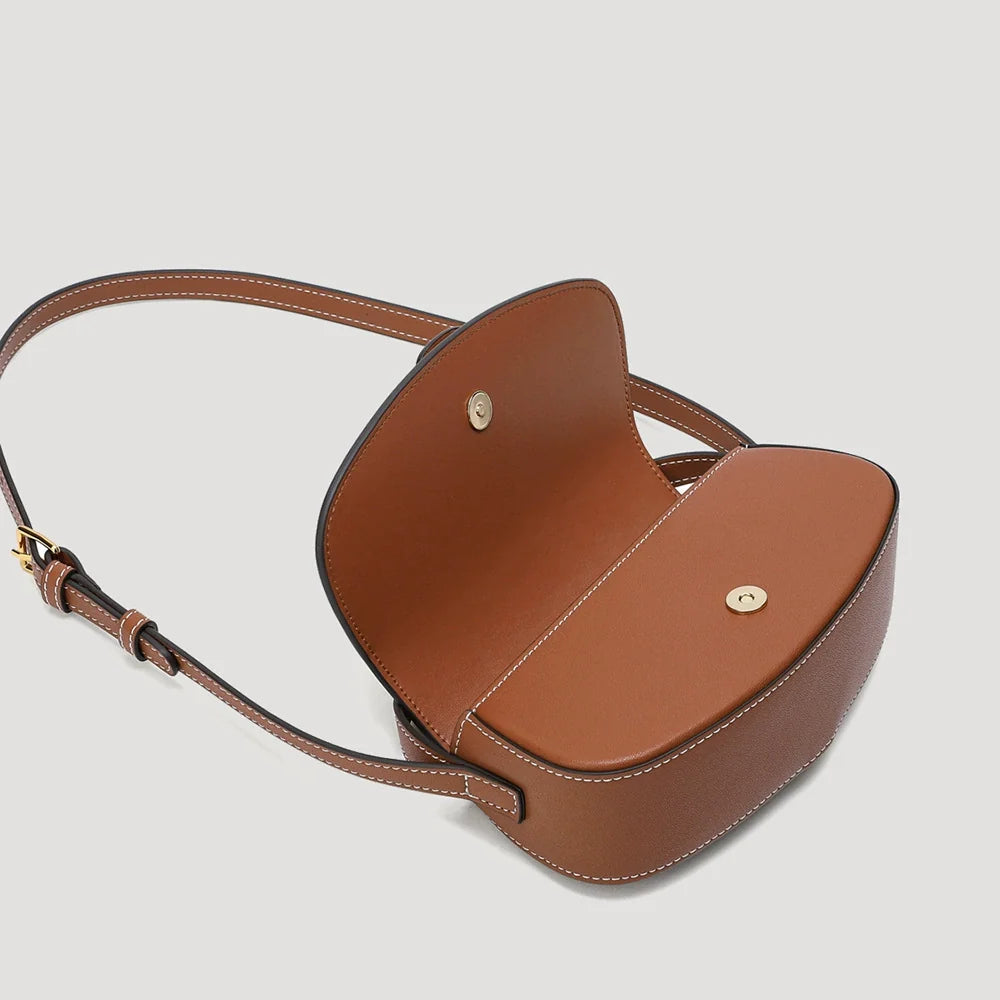 Tan Leather Mini Saddle Bag with Gold Padlock Clasp and Contrast Stitching
