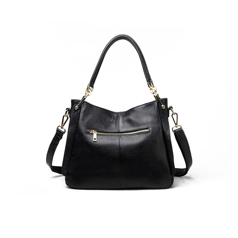Black Antiqued Leather Slouch Shoulder Bag with Gold Chain Tassel