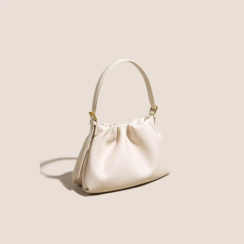 Ivory Ruched Cloud Shoulder Bag with Gold D-Ring Handle